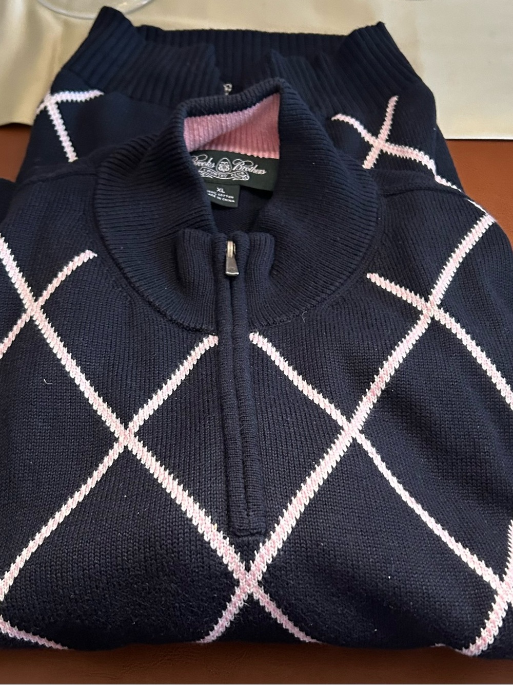 Brooks Brothers Navy Sweater with Light Pink Argyle Half-Zip